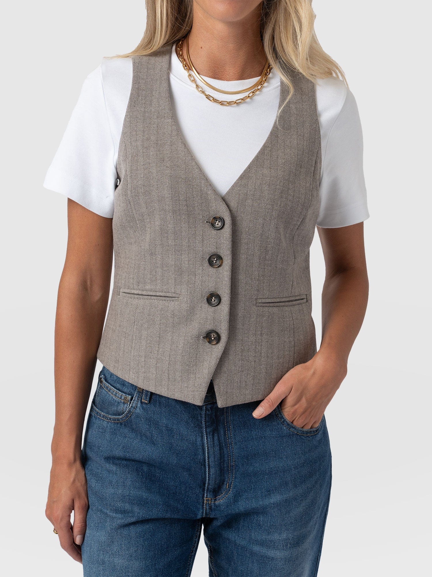 Astrid Waistcoat Brown Herringbone - Women's Blazers | Saint + Sofia® EU