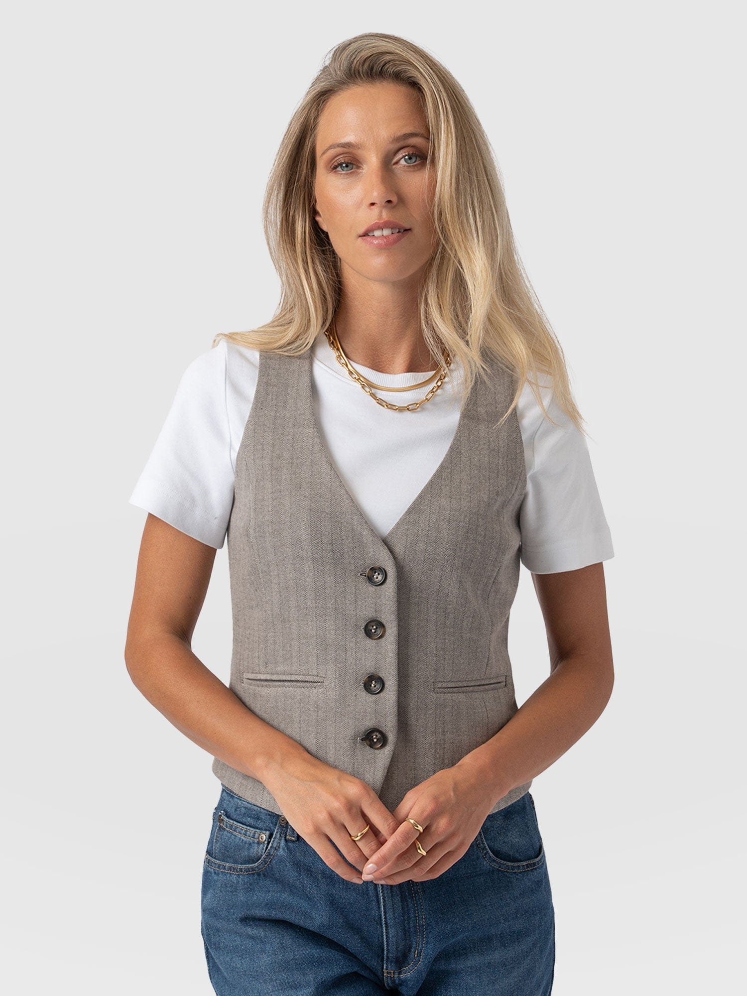 Astrid Waistcoat Brown Herringbone - Women's Blazers | Saint + Sofia® EU