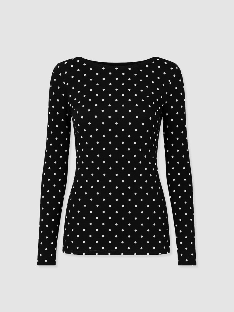 Austen Boat Neck Long Sleeve Tee - Black Polka Dot - Women's T-shirts | Saint + Sofia® EU