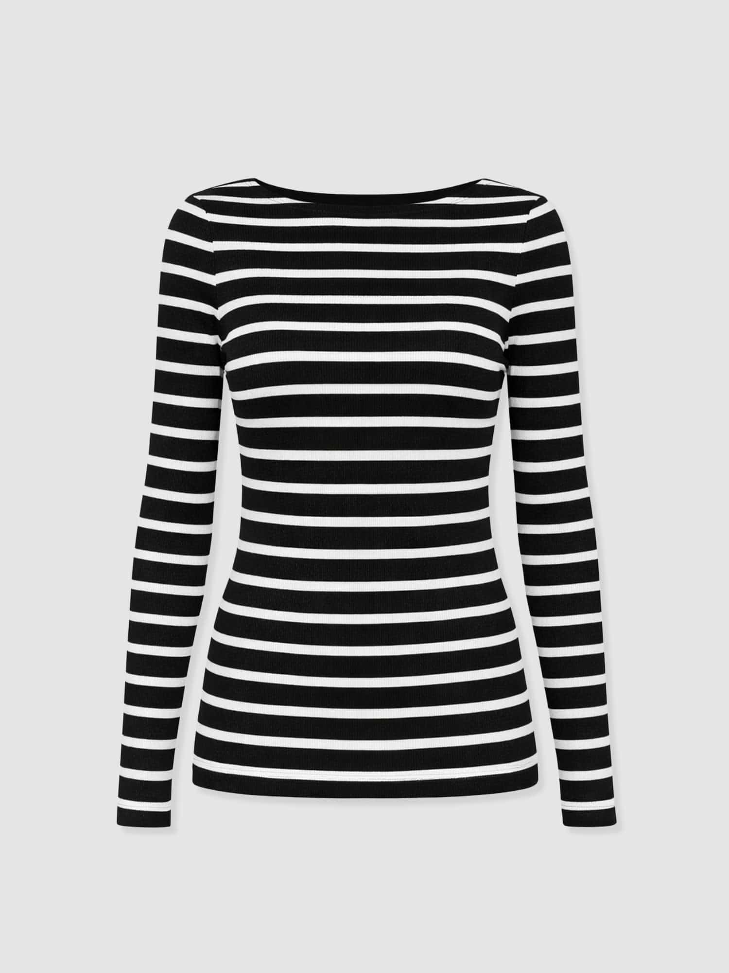 Austen Boat Neck Long Sleeve Tee - Black & White Stripe - Women's T-shirts | Saint + Sofia® EU