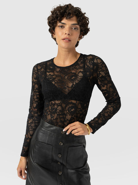 Austen Crew Neck Long Sleeve Tee - Black Lace - Women's T-shirts | Saint and Sofia® EU