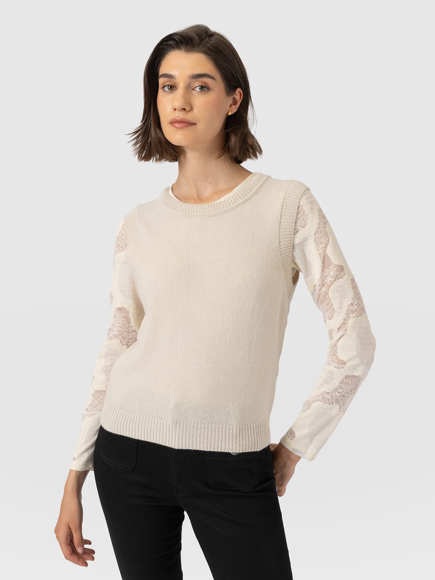 Austen Crew Neck Long Sleeve Tee - Cream Lace - Women's T-shirts | Saint and Sofia® EU