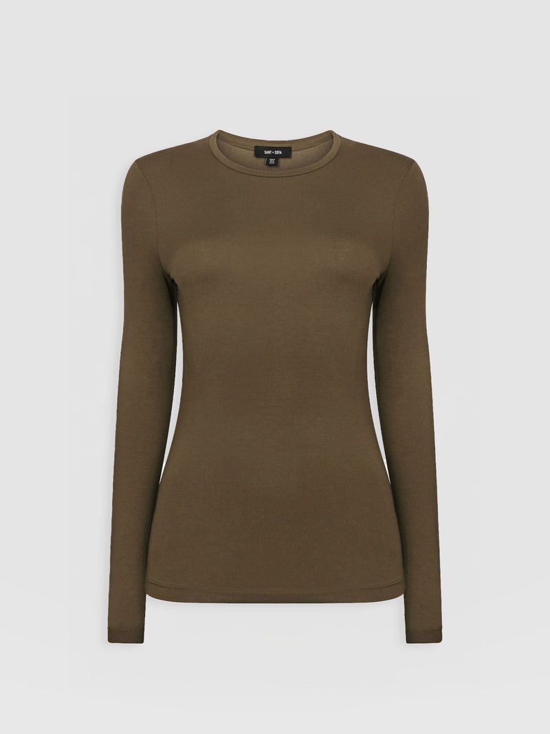 Austen Crew Neck Long Sleeve Tee Khaki - Women's Tops | Saint + Sofia® EU