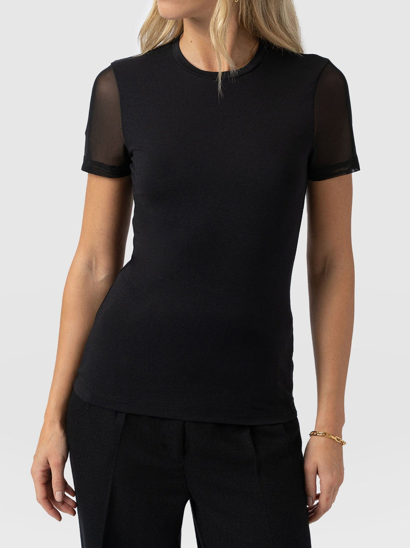 Austen Crew Neck Tee Short Sleeve - Black Mesh - Women's T-shirts | Saint + Sofia® EU