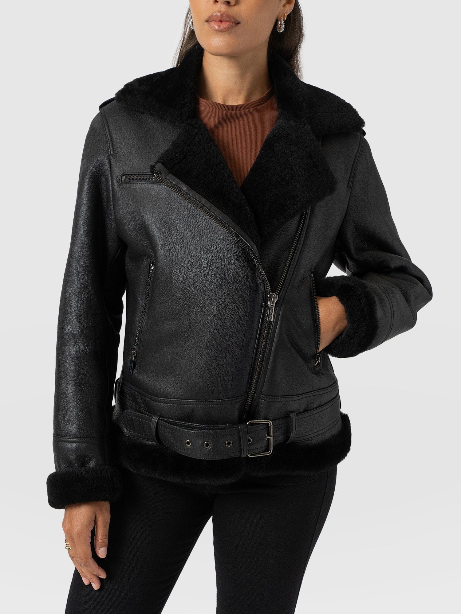 Aviator Shearling Jacket Black - Women's Jackets | Saint + Sofia® EU