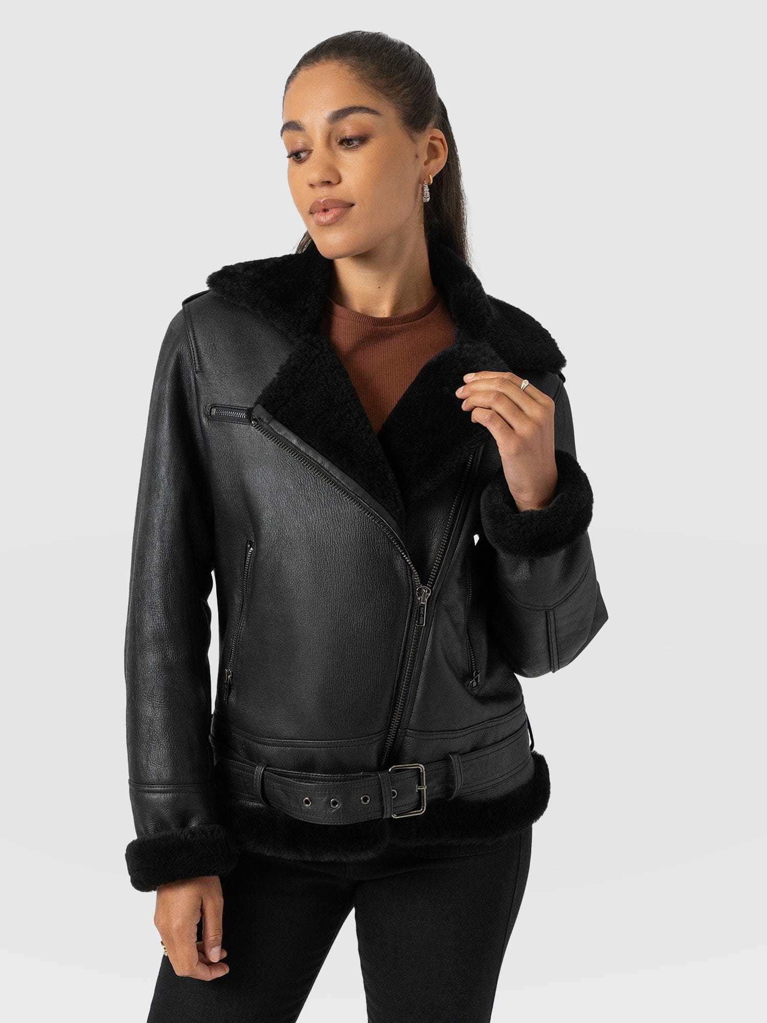 Aviator Shearling Jacket Black - Women's Jackets | Saint + Sofia® EU