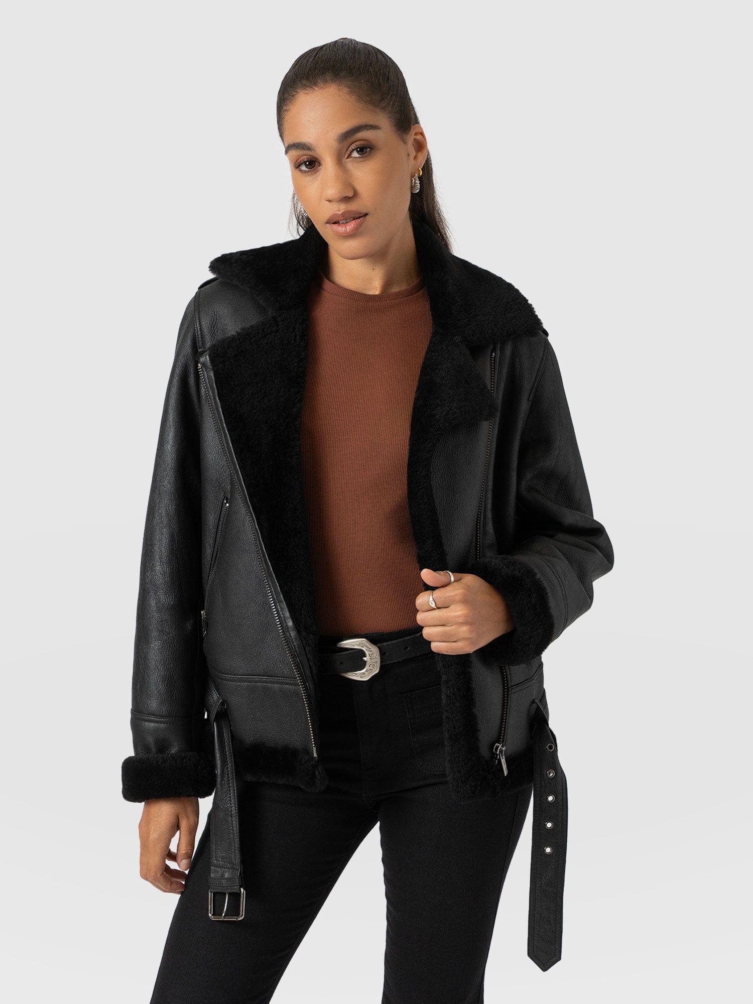 Aviator Shearling Jacket Black - Women's Jackets | Saint + Sofia® EU