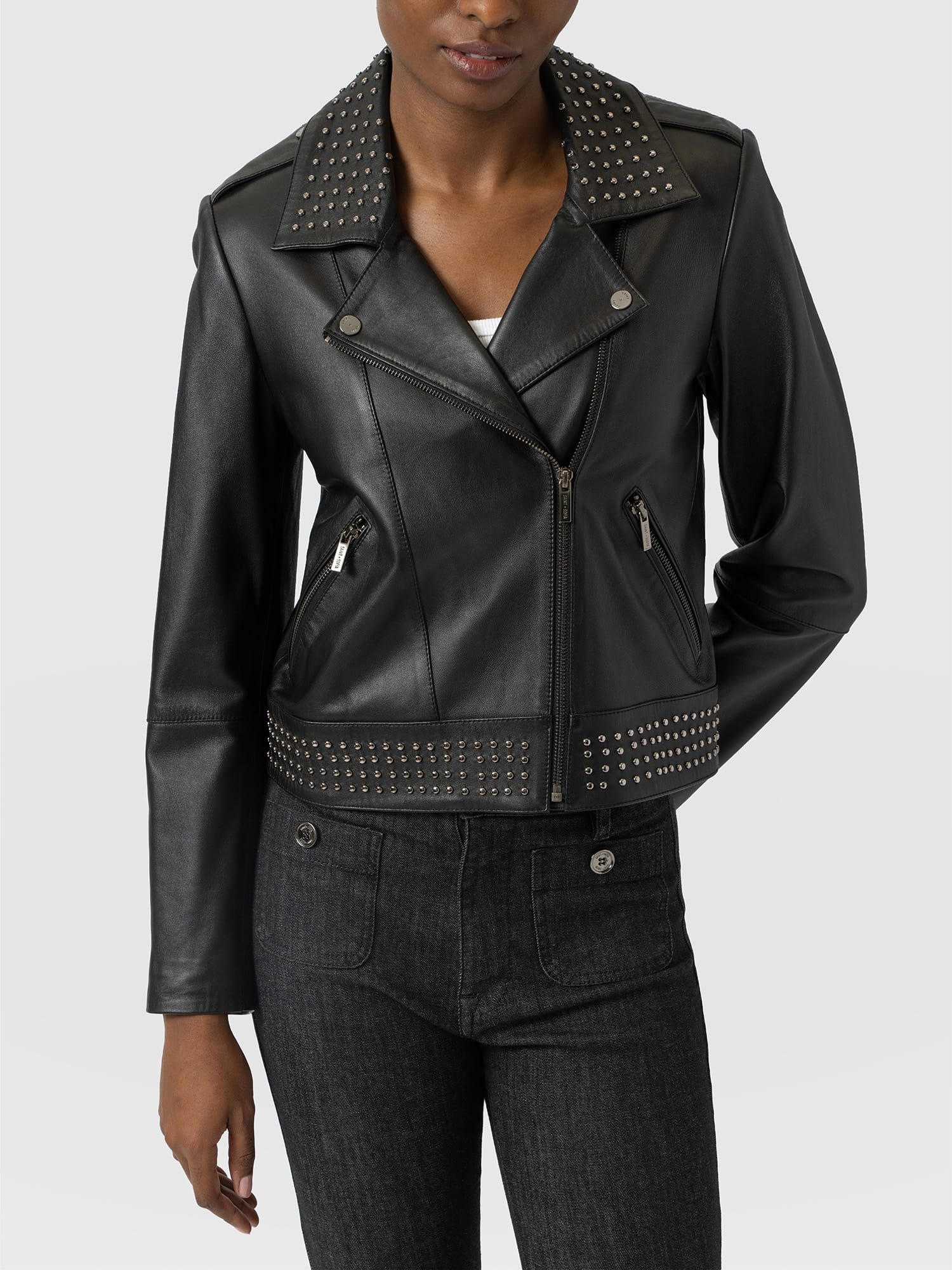 Bonham Studded Biker Jacket Black - Women's Leather Jacket | Saint and Sofia® EU