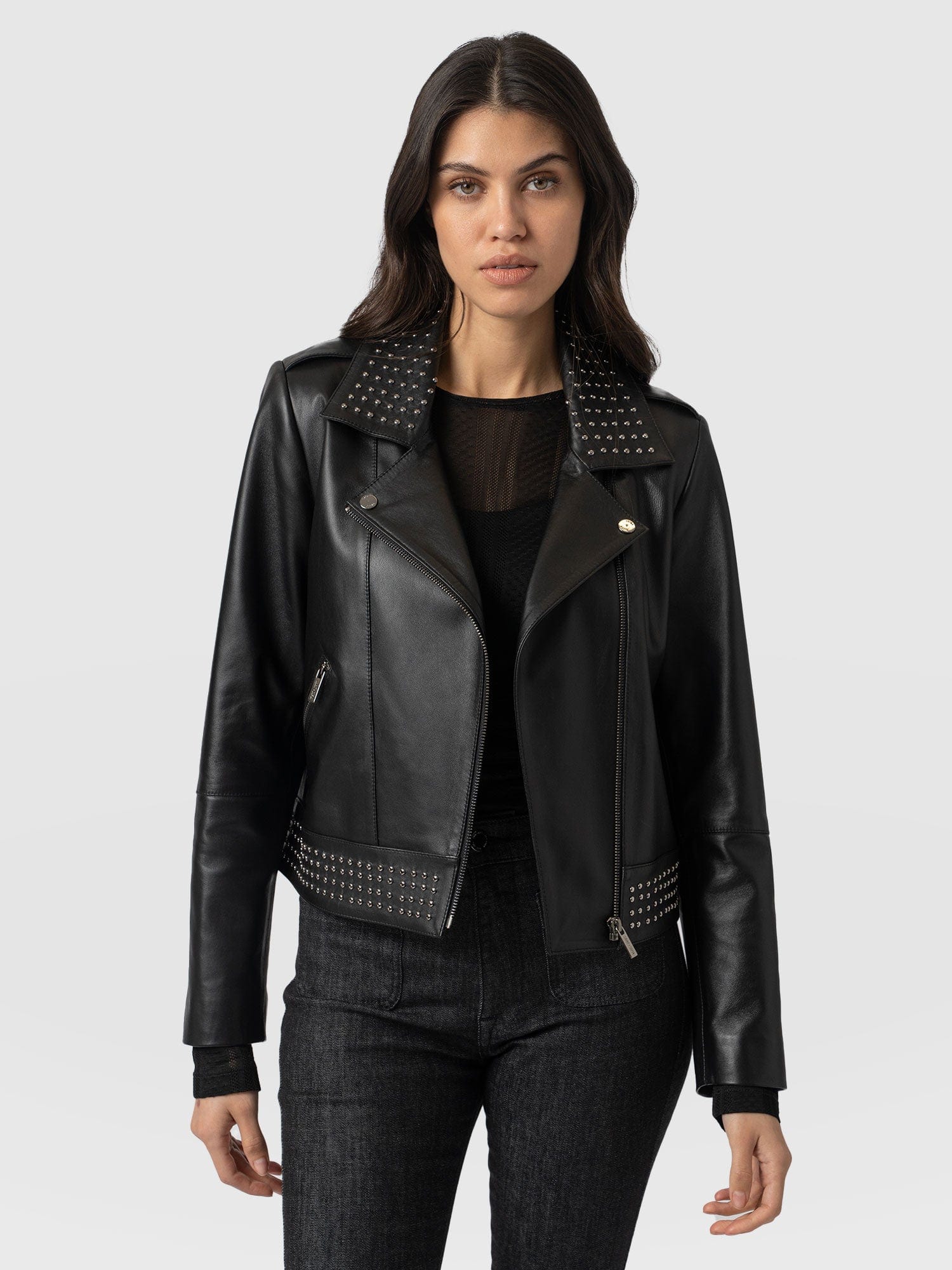 Bonham Studded Biker Jacket Black - Women's Leather Jacket | Saint + Sofia® EU