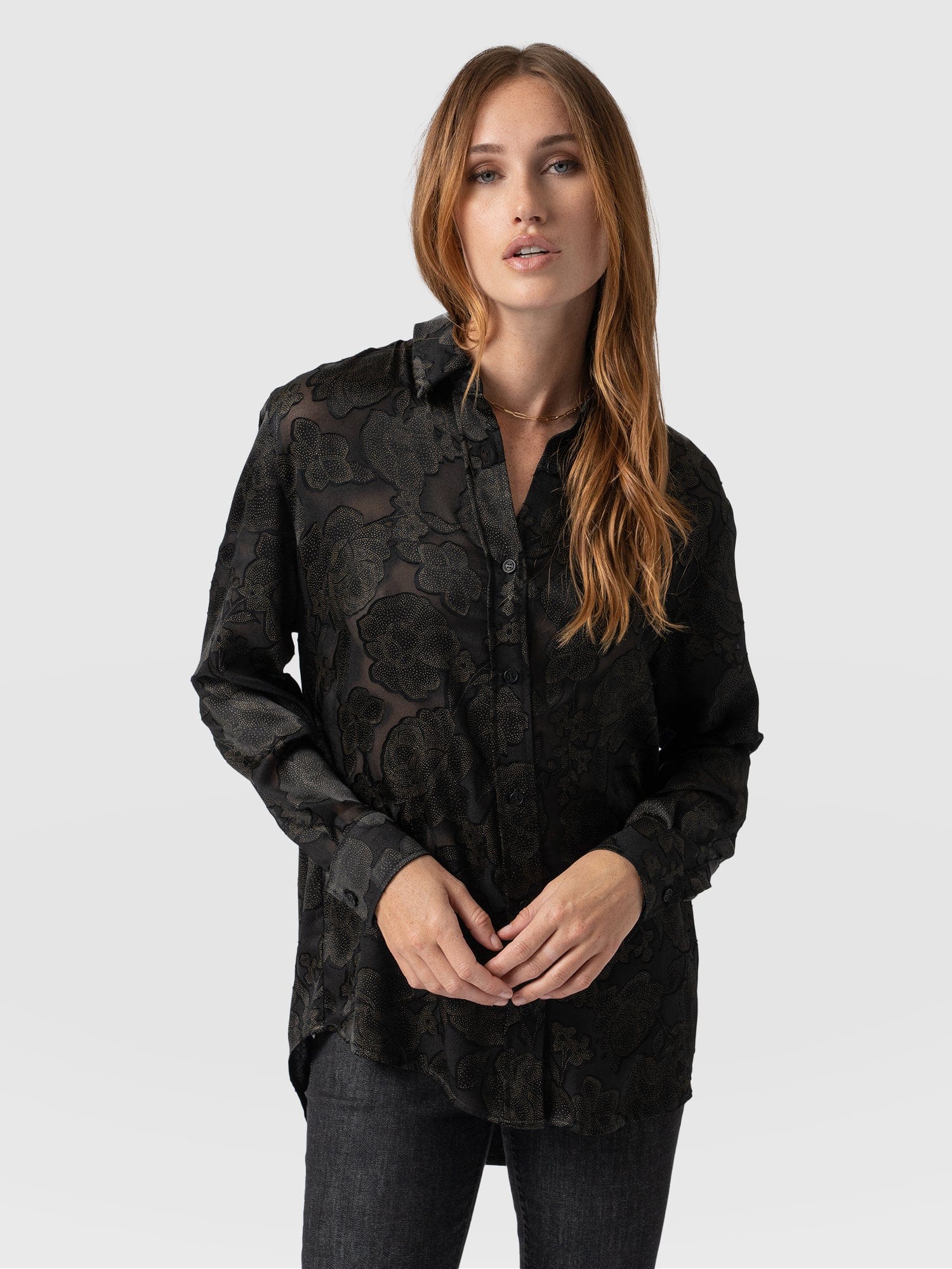 Boyfriend Shirt Black & Gold Floral Burnout - Women's Shirts |  Saint + Sofia® EU