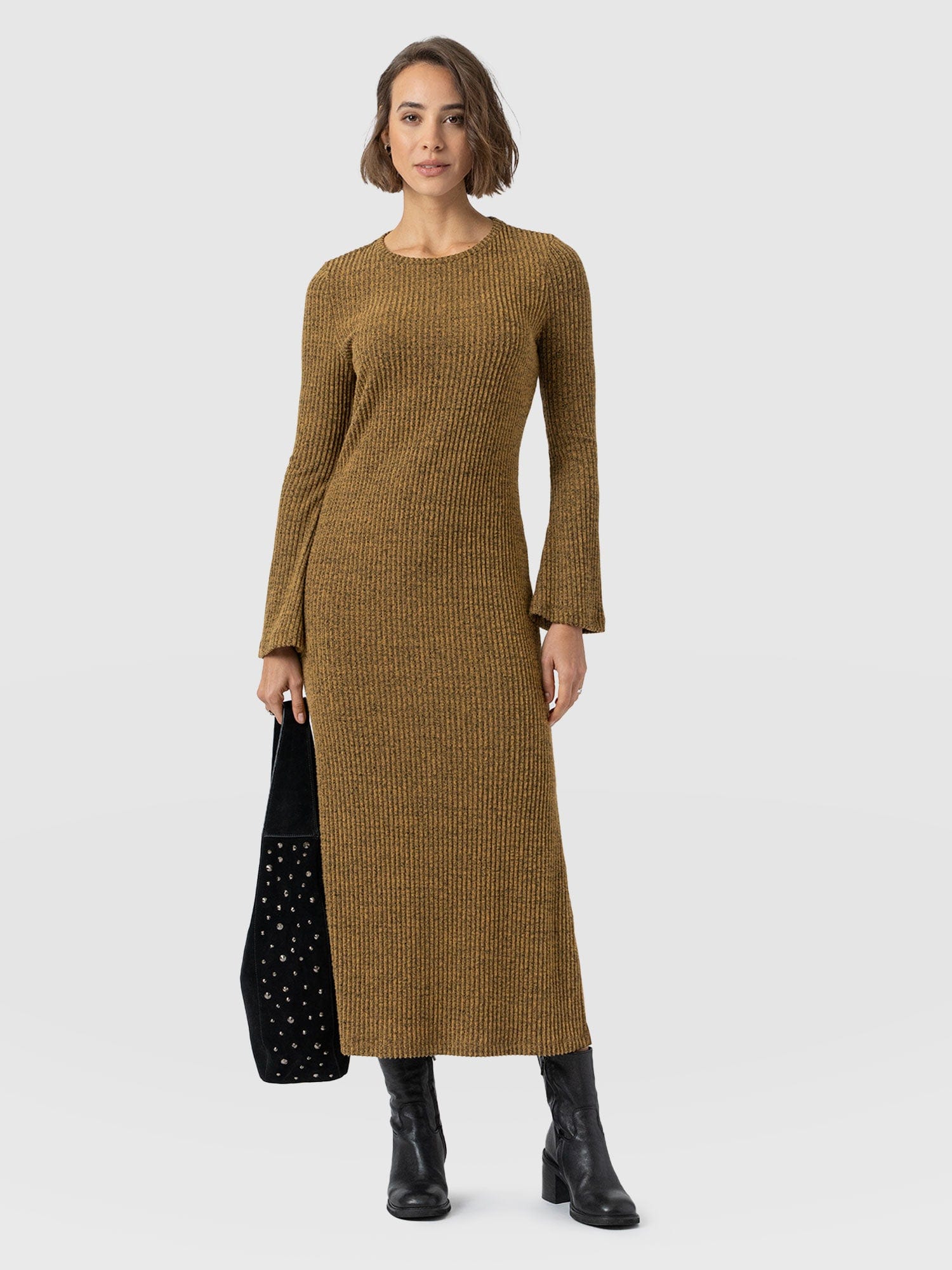 Callie Fluted Midi Dress - Mustard Melange - Women's Dresses | Saint + Sofia® EU