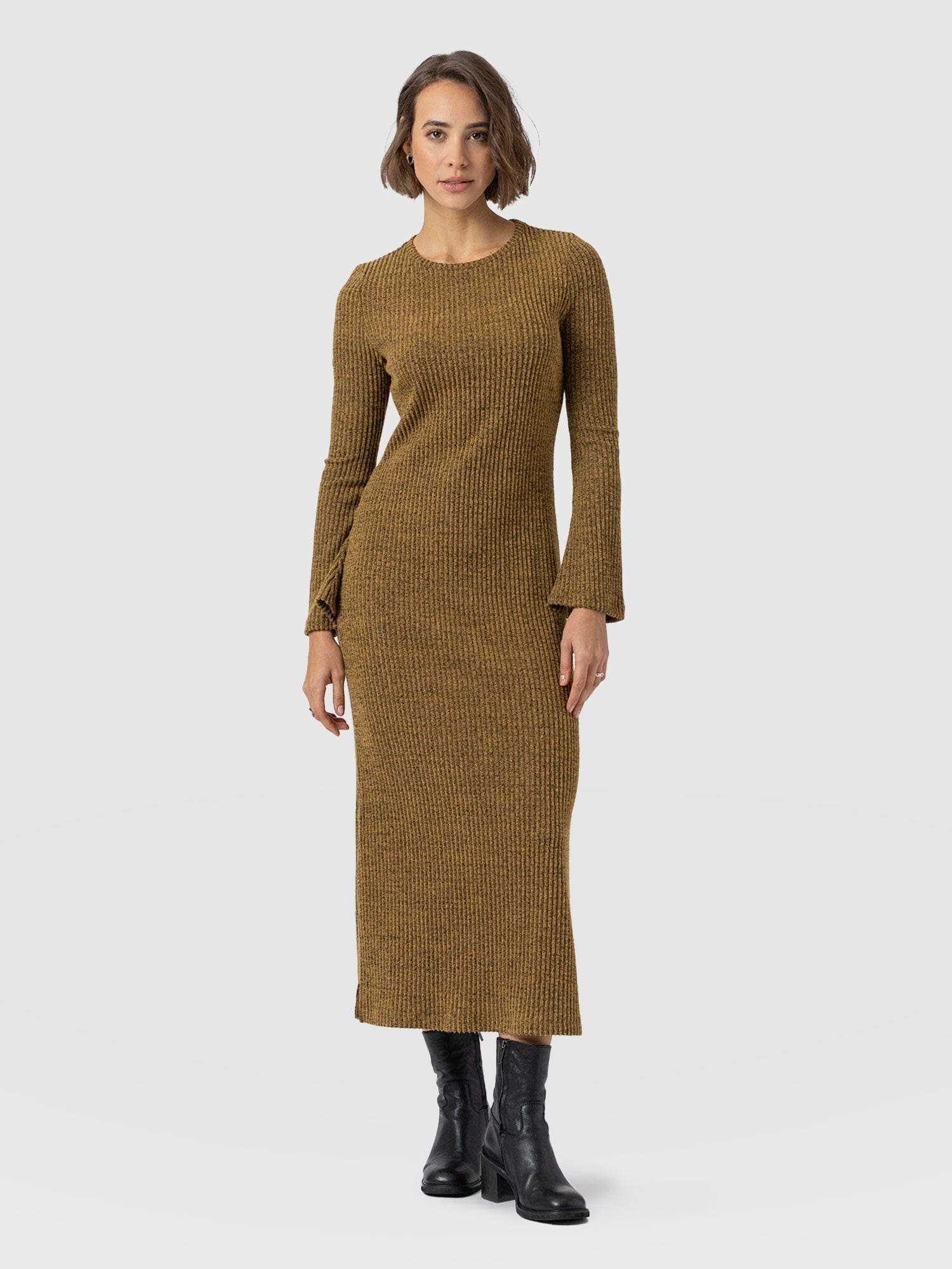Callie Fluted Midi Dress - Mustard Melange - Women's Dresses | Saint + Sofia® EU