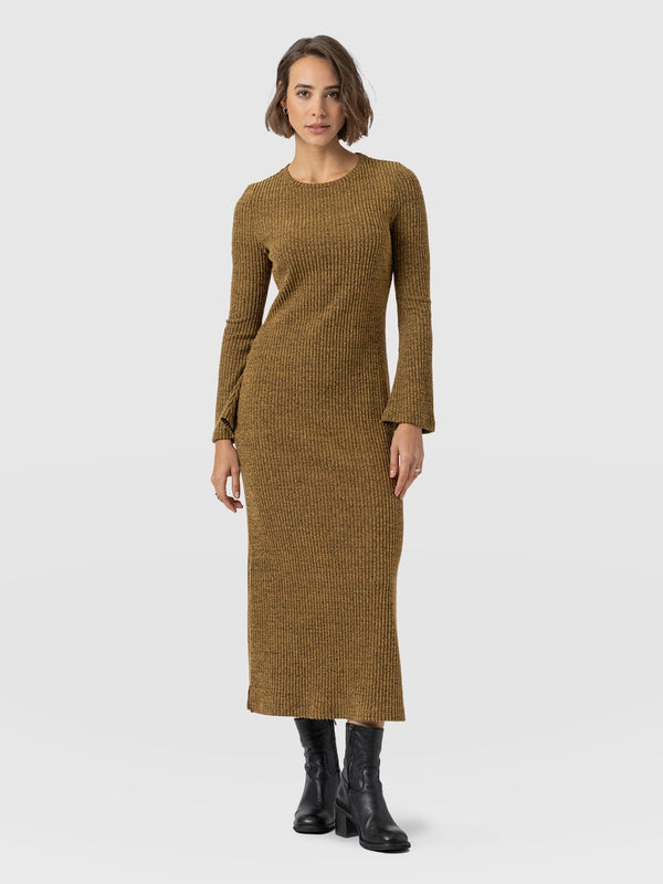 Callie Fluted Midi Dress - Mustard Melange - Women's Dresses | Saint + Sofia® EU