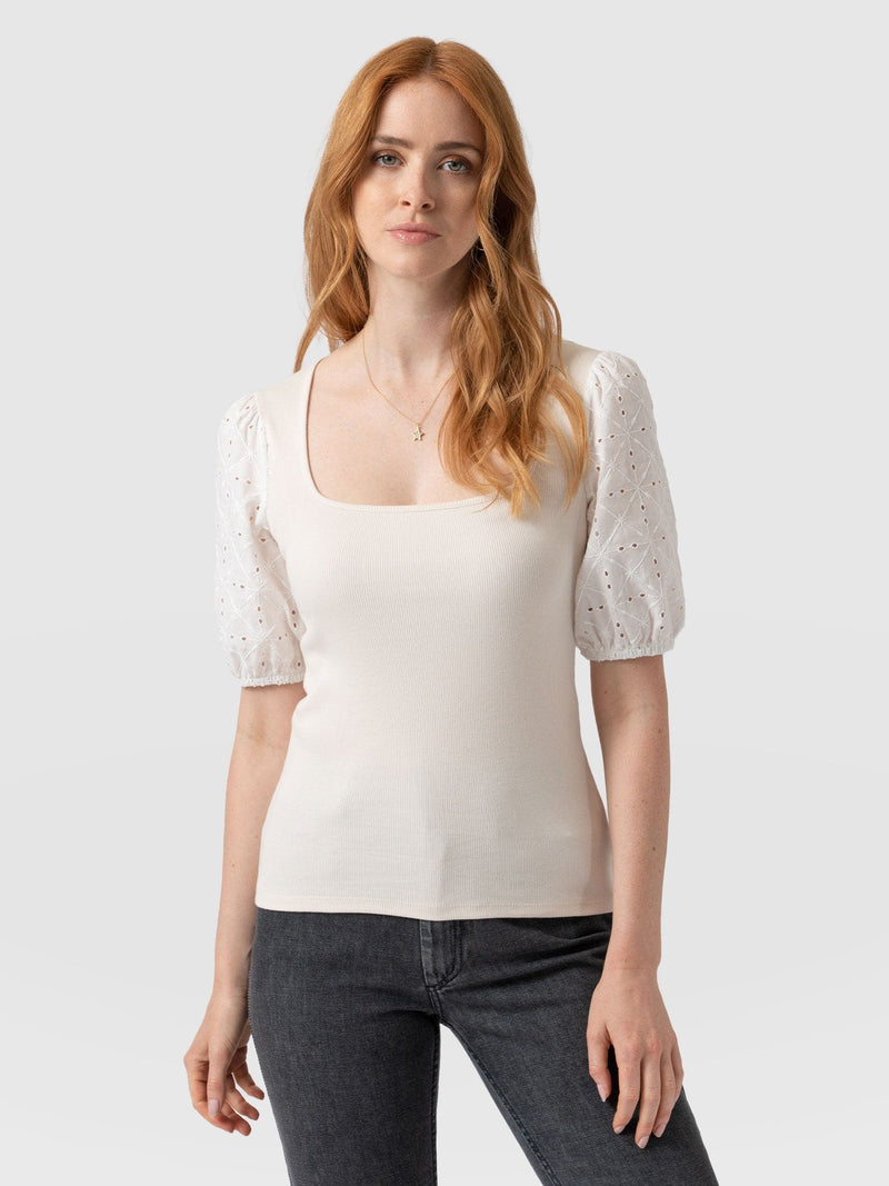 Cavendish Square Neck Tee Cream Broderie - Women's T-Shirts | Saint + Sofia® EU