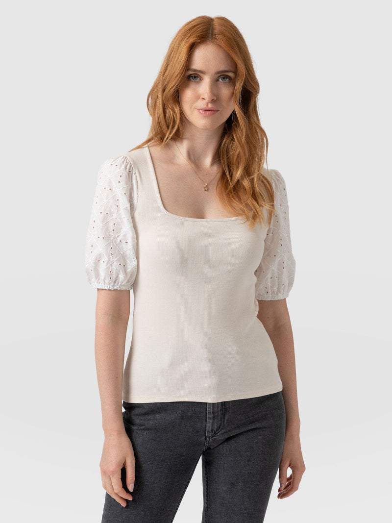 Cavendish Square Neck Tee Cream Broderie - Women's T-Shirts | Saint + Sofia® EU