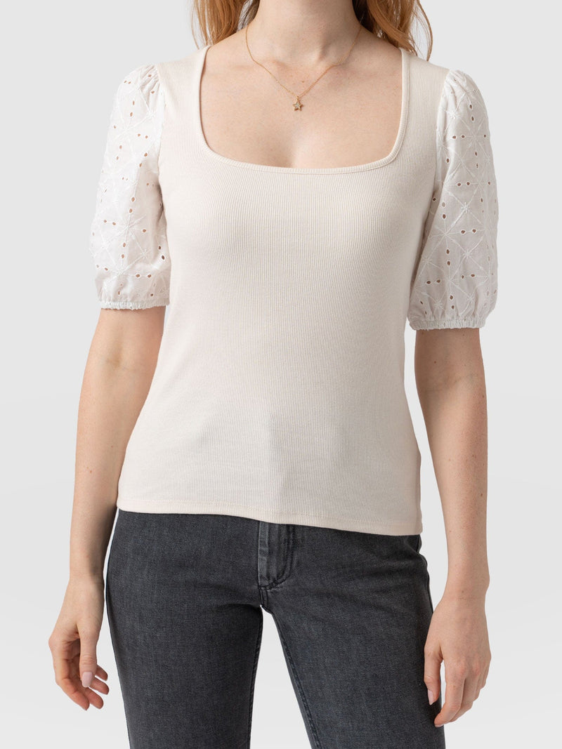 Cavendish Square Neck Tee Cream Broderie - Women's T-Shirts | Saint + Sofia® EU