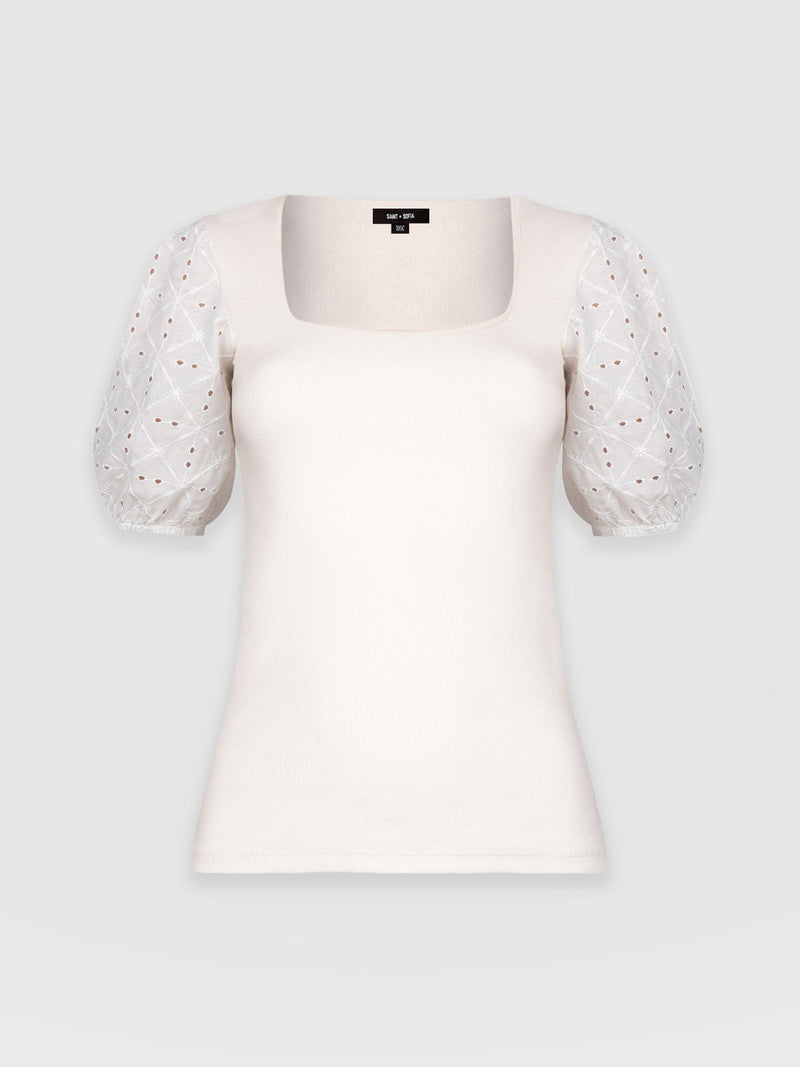 Cavendish Square Neck Tee Cream Broderie - Women's T-Shirts | Saint + Sofia® UK