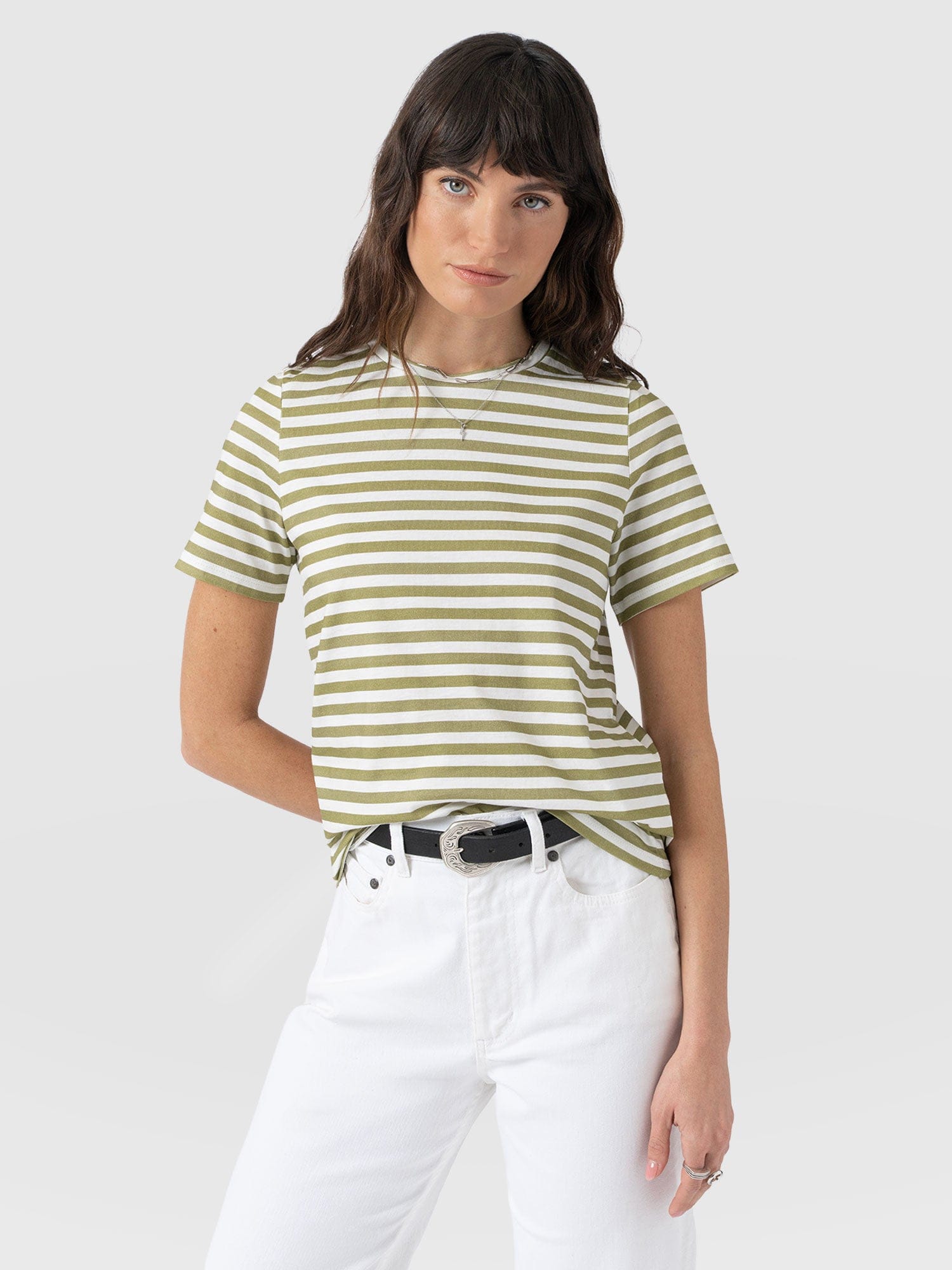 Chelsea Crew Neck Tee - Green Stripe - Women's T-shirts | Saint + Sofia® EU