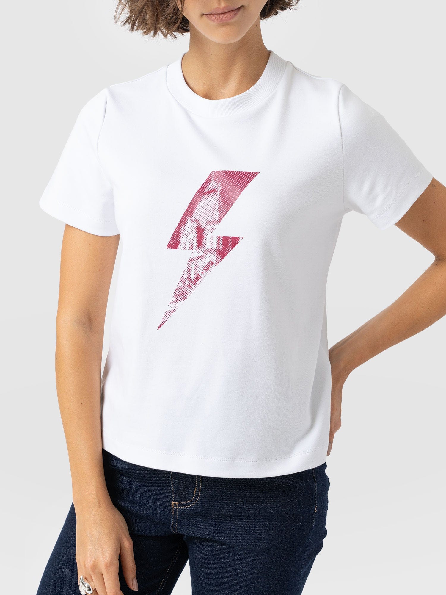 Chelsea Crew Neck Tee - White - Pink Lightning Bolt - Women's T-shirts | Saint + Sofia? EU