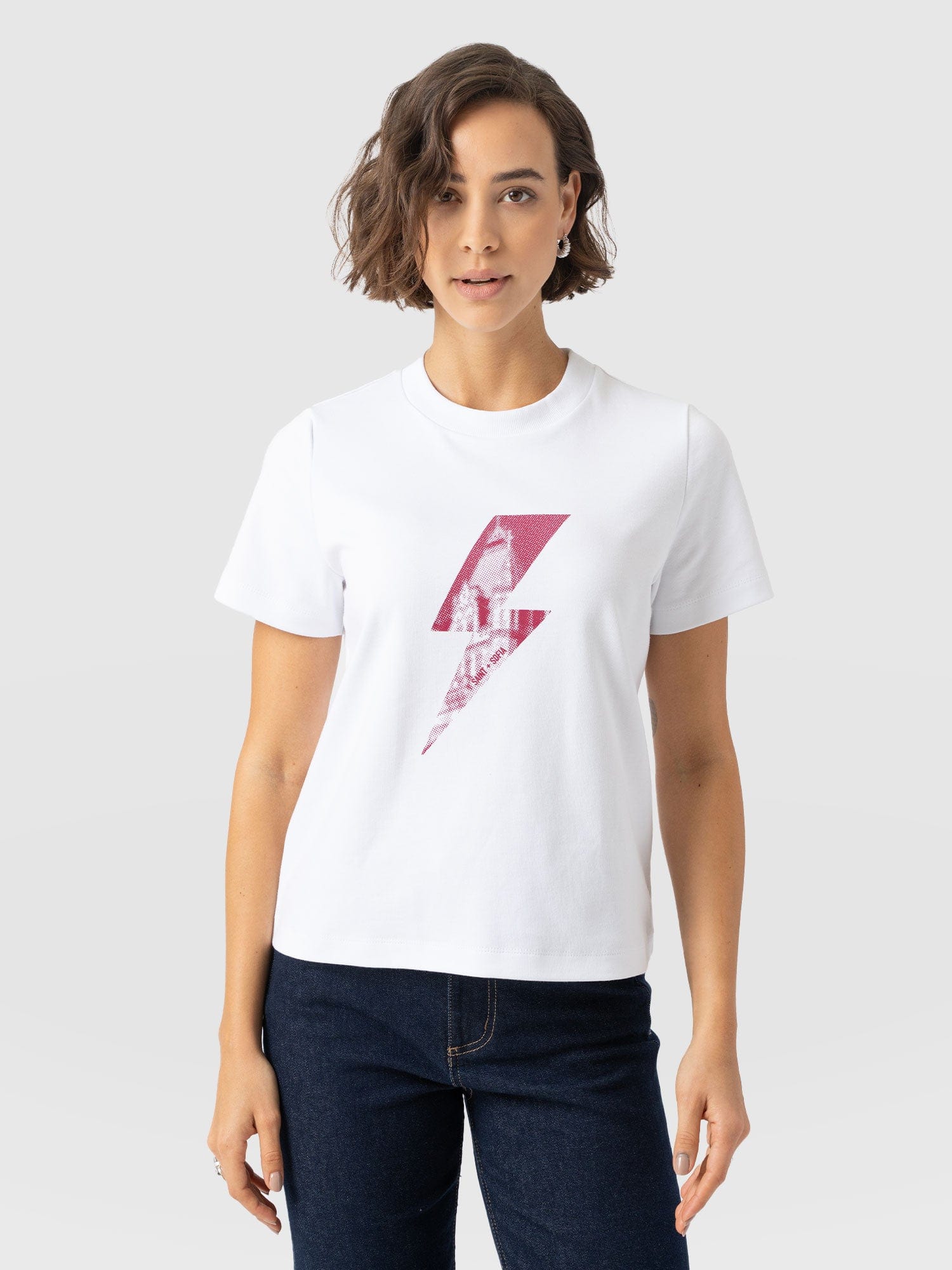 Chelsea Crew Neck Tee - White - Pink Lightning Bolt - Women's T-shirts | Saint + Sofia? EU
