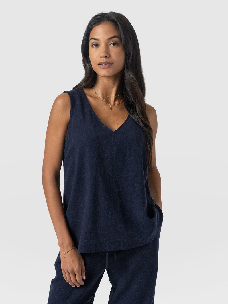 Corinne Linen V Neck Tunic - Navy - Women's T-shirts | Saint + Sofia® EU