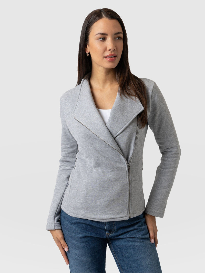 Cotton Biker Jacket Grey Melange - Women's Jackets | Saint + Sofia® EU