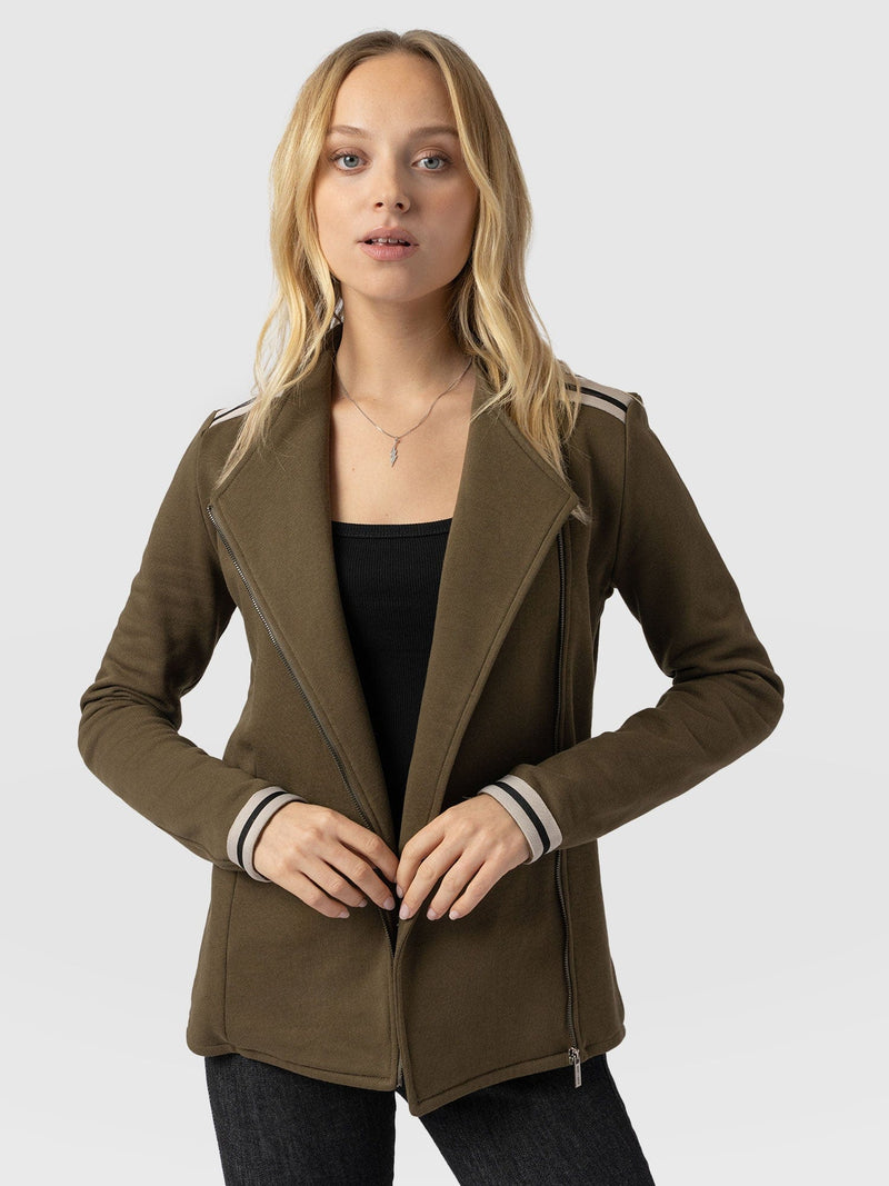 Cotton Biker Jacket - Khaki - Cream Stripe - Women's Jackets | Saint + Sofia® EU