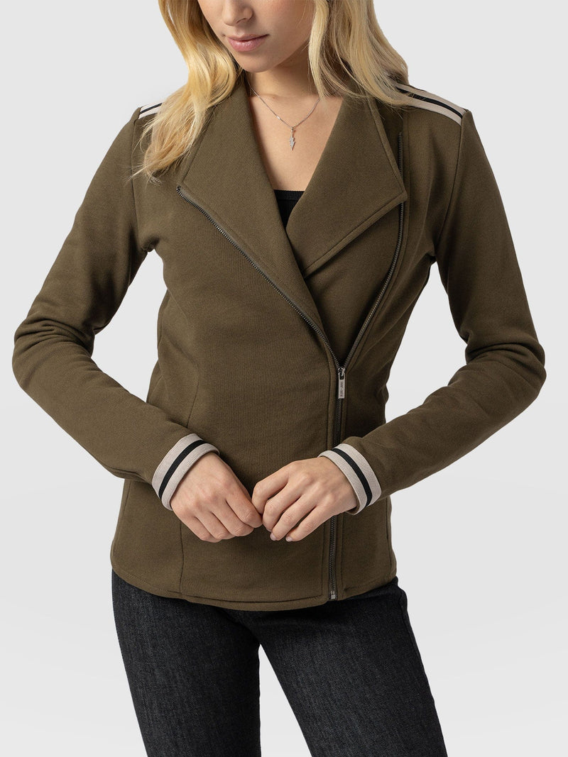 Cotton Biker Jacket - Khaki - Cream Stripe - Women's Jackets | Saint + Sofia® EU