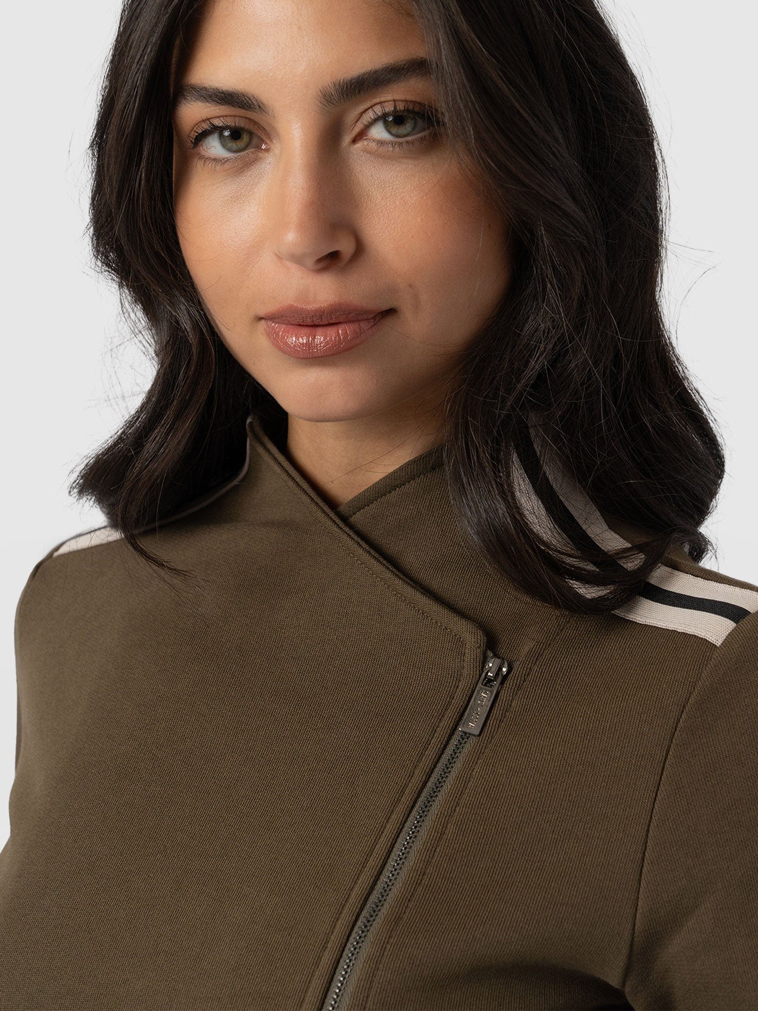 Cotton Biker Jacket - Khaki - Cream Stripe - Women's Jackets | Saint and Sofia® EU
