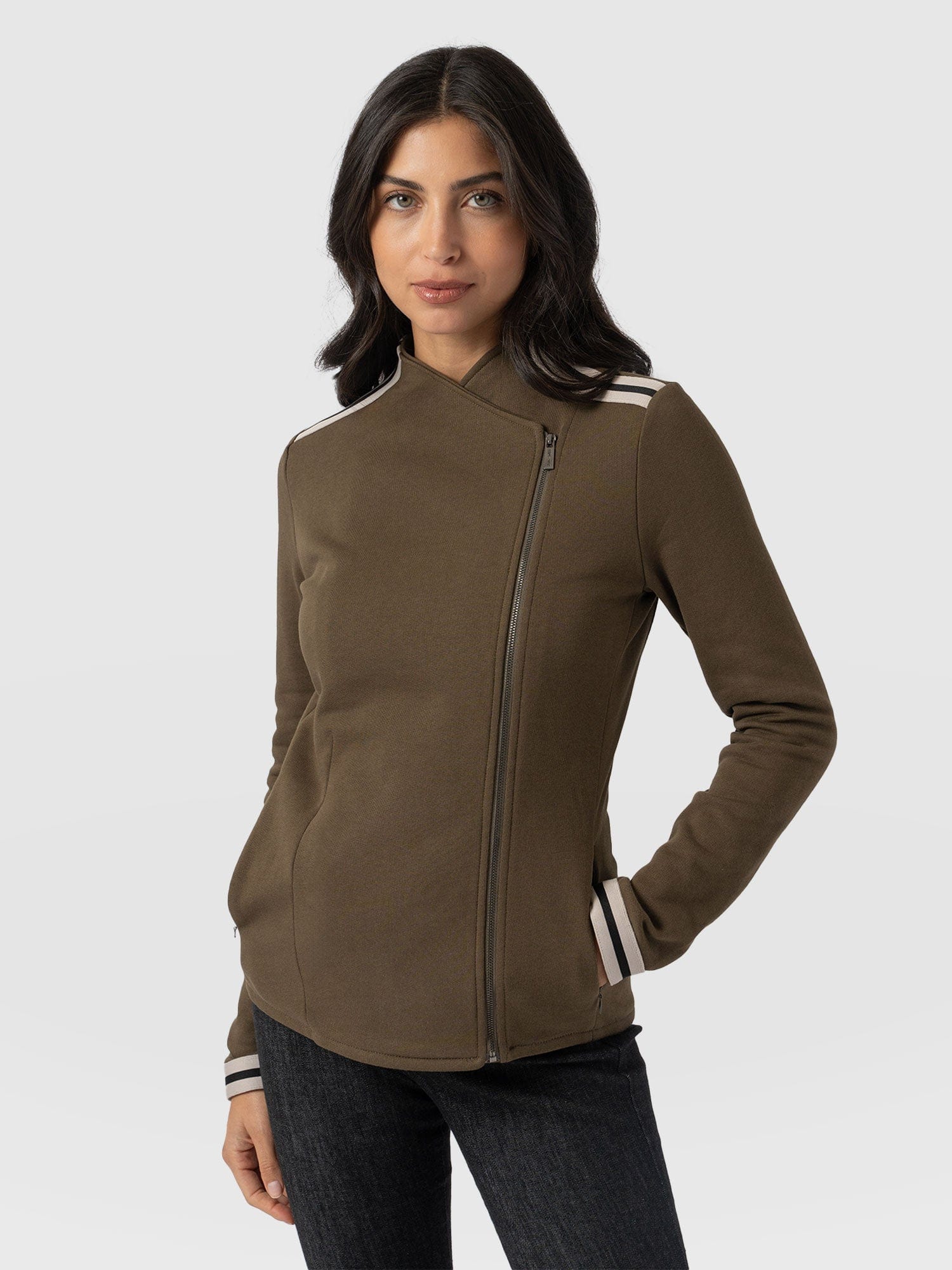 Cotton Biker Jacket - Khaki - Cream Stripe - Women's Jackets | Saint and Sofia® EU