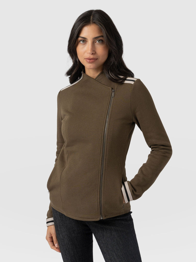 Cotton Biker Jacket - Khaki - Cream Stripe - Women's Jackets | Saint + Sofia® EU