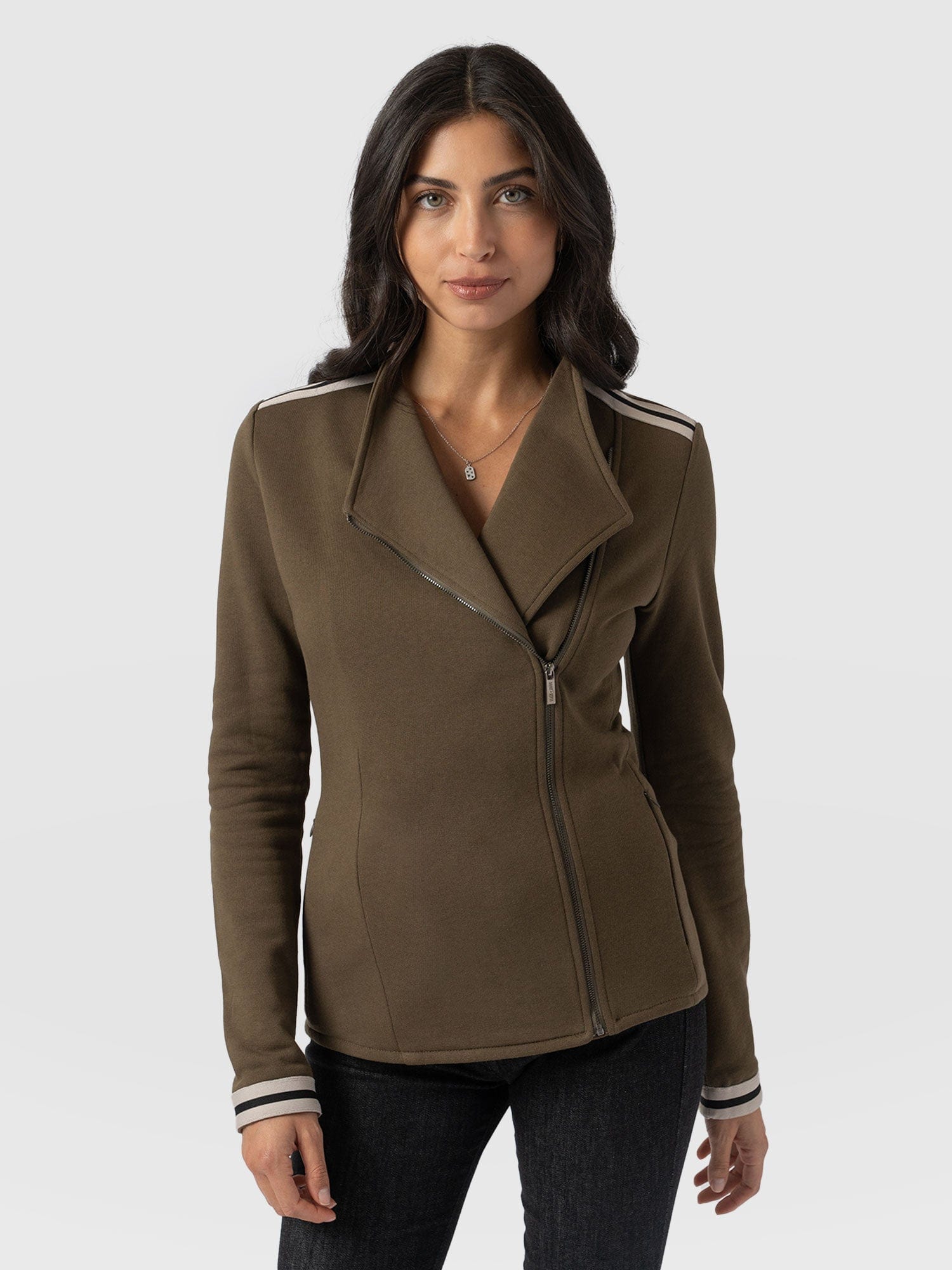 Cotton Biker Jacket - Khaki - Cream Stripe - Women's Jackets | Saint and Sofia® EU