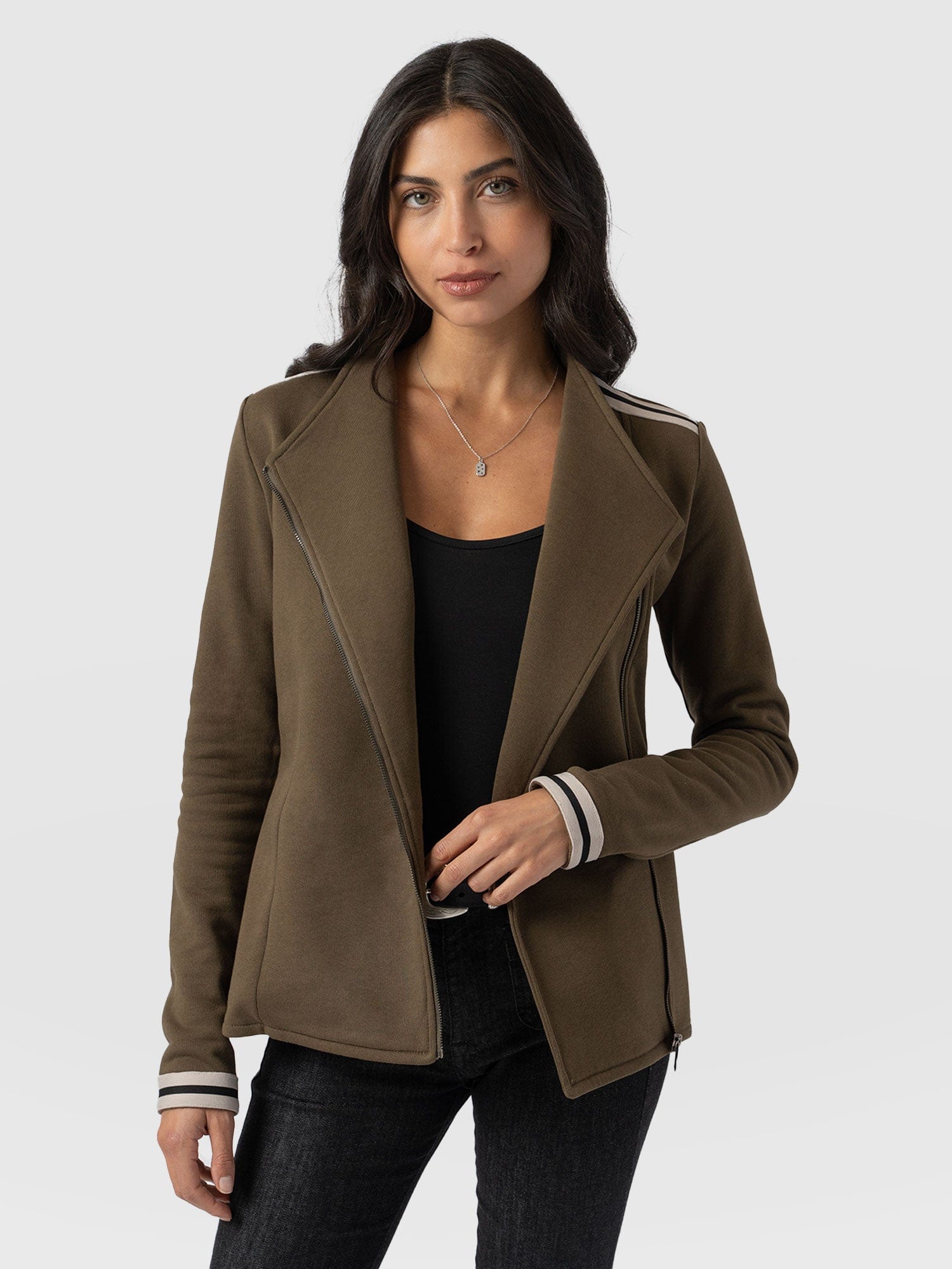 Cotton Biker Jacket - Khaki - Cream Stripe - Women's Jackets | Saint + Sofia® EU