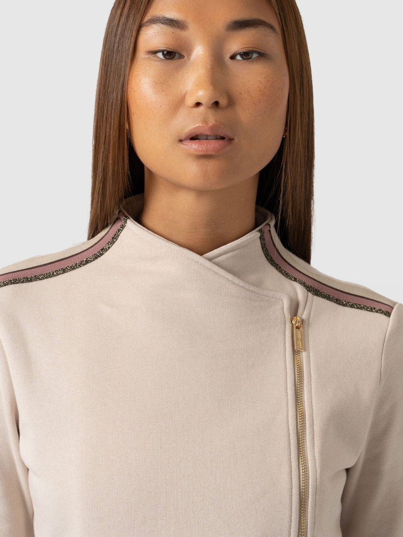 Cotton Biker Jacket Light Beige with Gold Lurex Tape - Women's Jackets | Saint + Sofia® EU