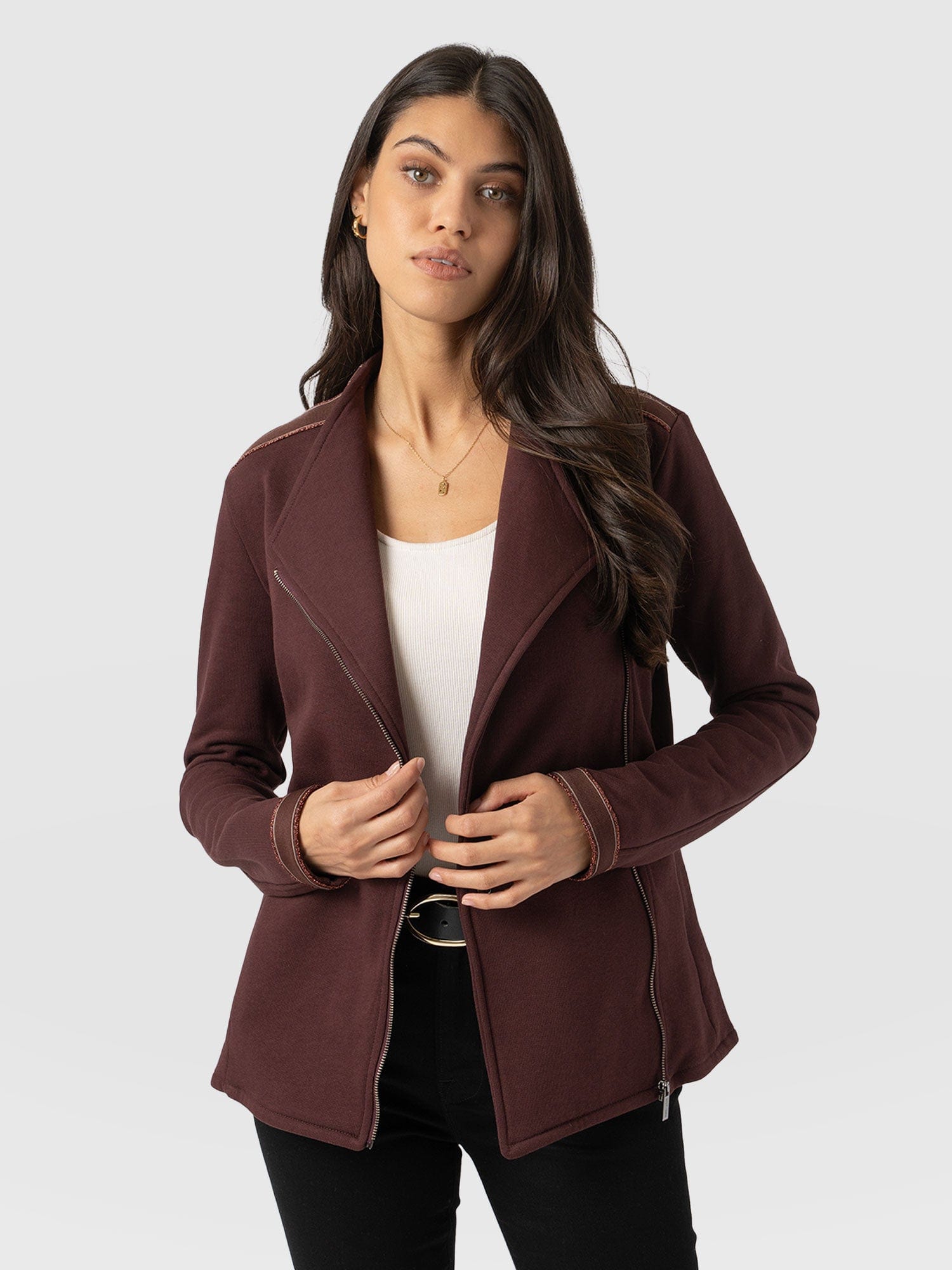 Cotton Biker Jacket - Maroon - Bronze Stripe - Women's Jackets | Saint + Sofia® EU