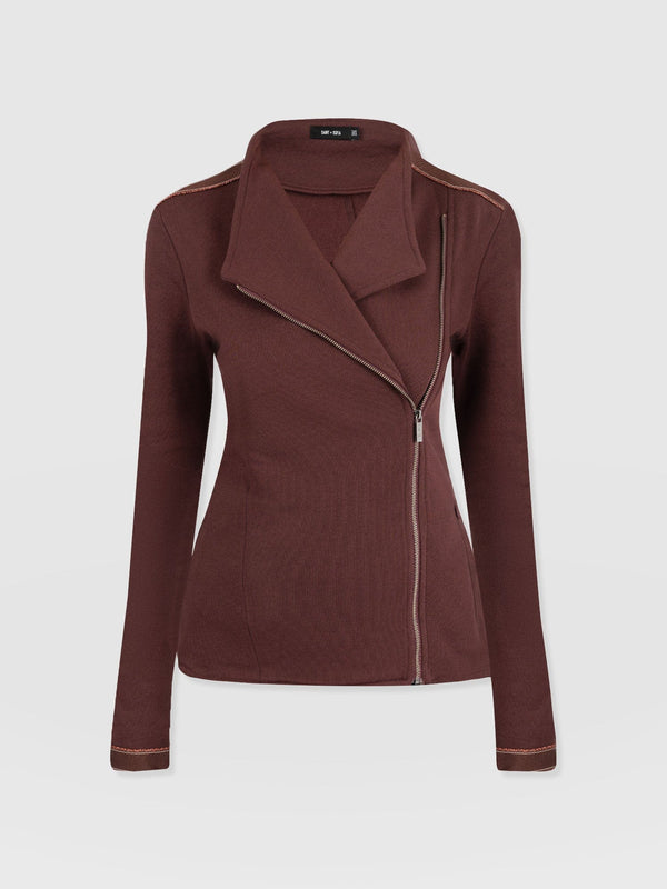 Cotton Biker Jacket - Maroon - Bronze Stripe - Women's Jackets | Saint + Sofia® EU