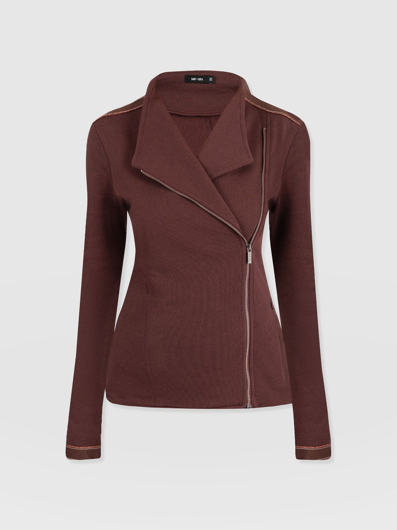 Cotton Biker Jacket - Maroon - Bronze Stripe - Women's Jackets | Saint + Sofia® EU