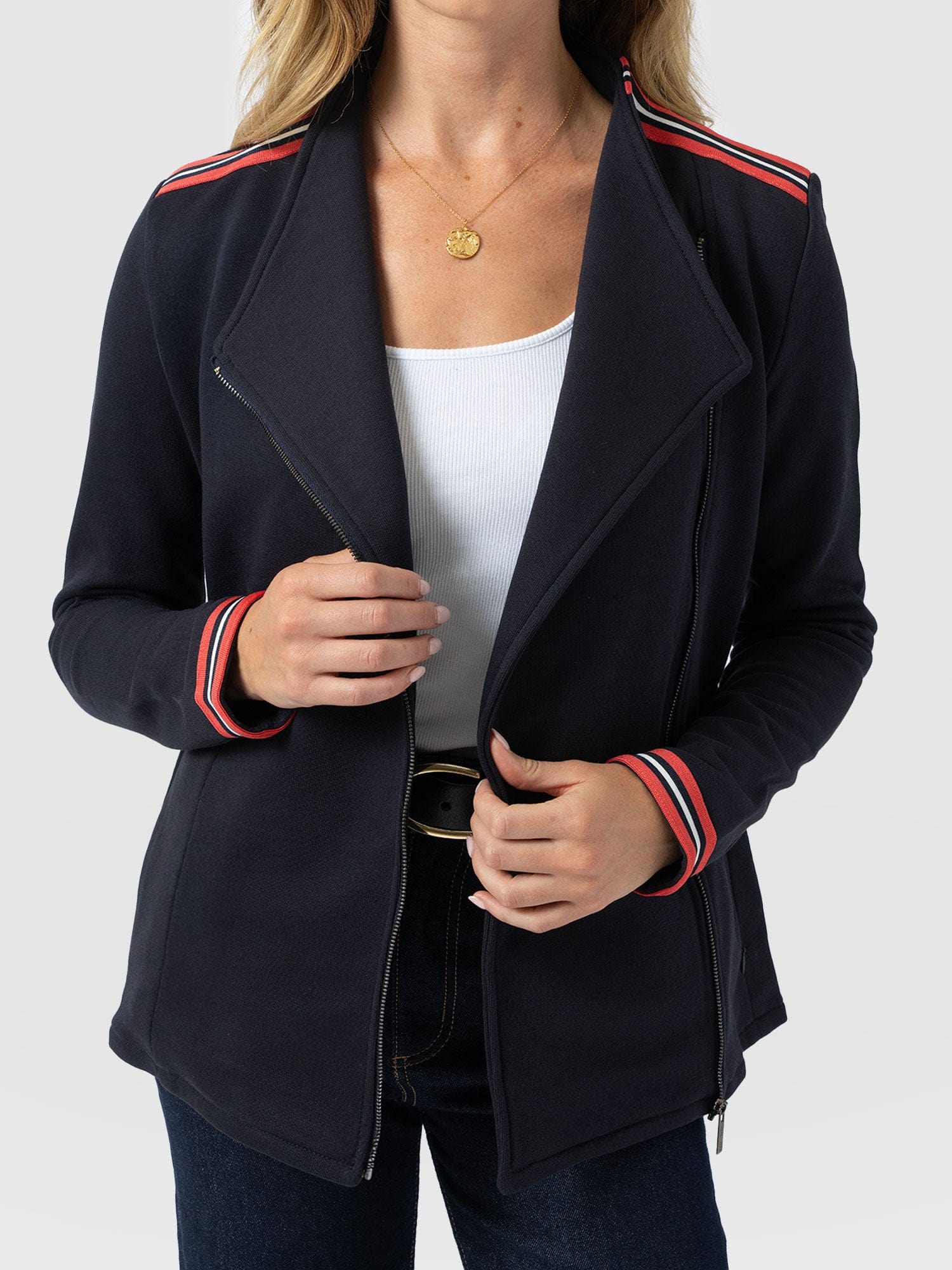 Cotton Biker Jacket Navy Stripe - Women's Jackets | Saint + Sofia® EU
