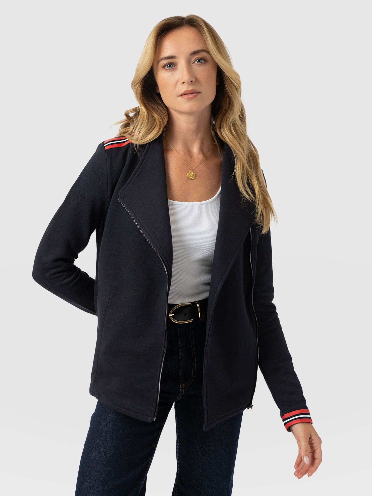 Cotton Biker Jacket Navy Stripe - Women's Jackets | Saint and Sofia® EU