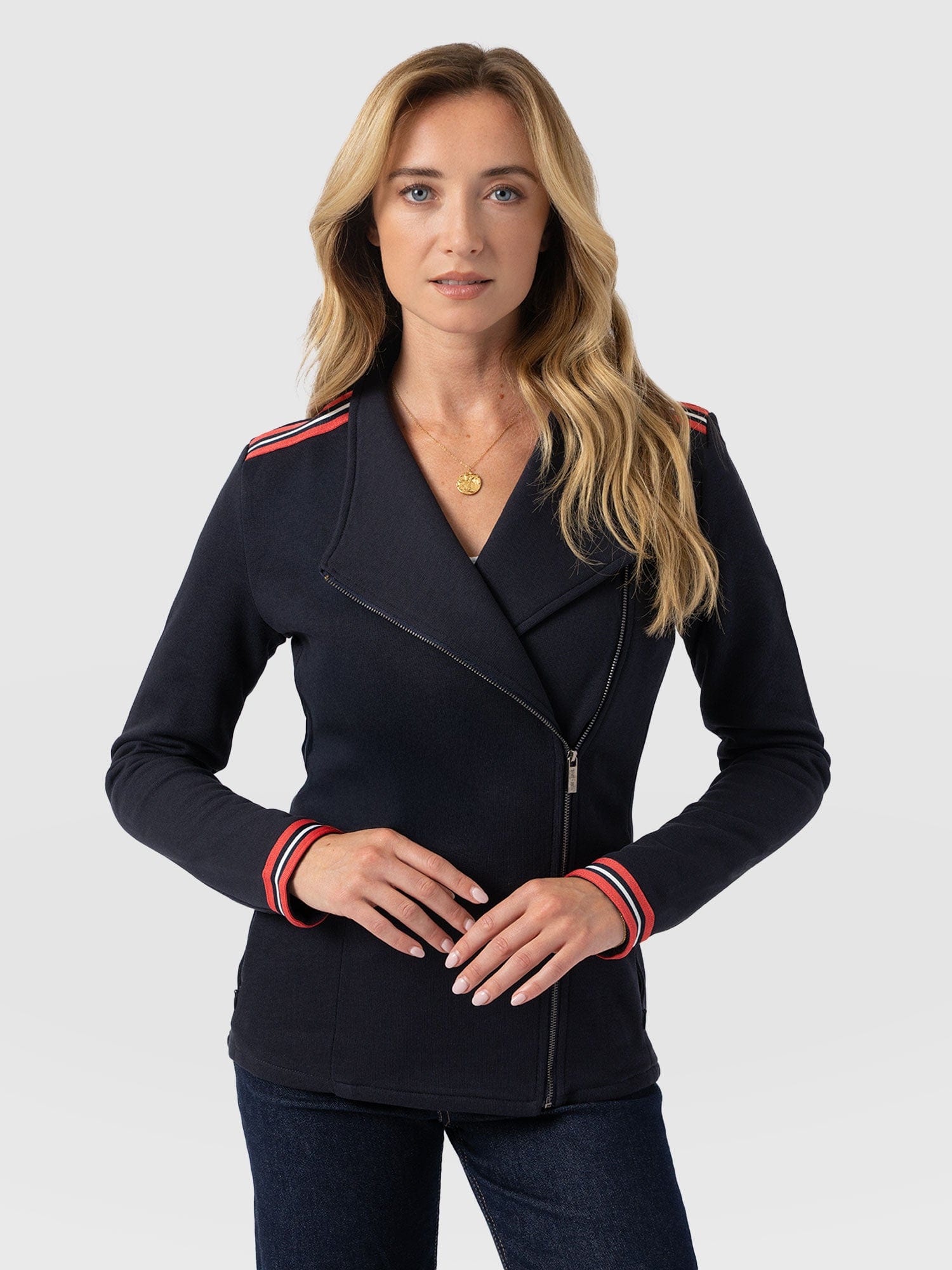 Cotton Biker Jacket Navy Stripe - Women's Jackets | Saint and Sofia® EU