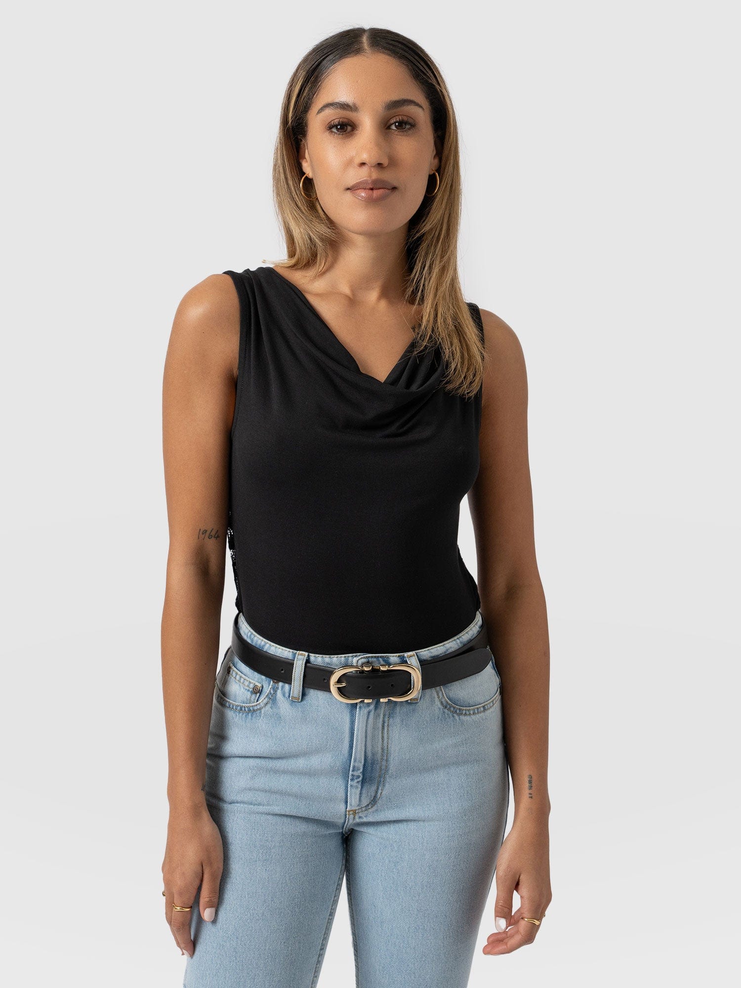 Cowl Neck Cami Black Lace- Women's T-Shirts | Saint + Sofia® UK