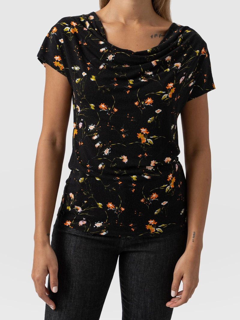 Cowl Neck Tee Black Floral - Women's T-Shirts | Saint + Sofia® EU