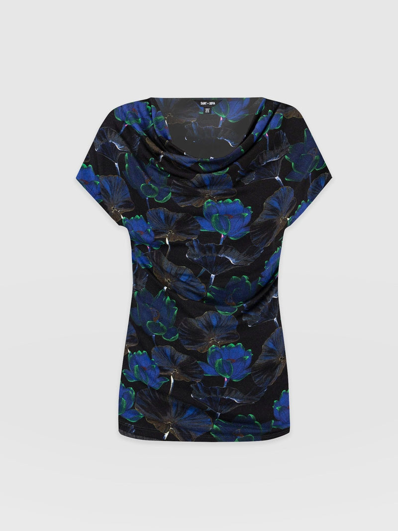 Cowl Neck Tee Blue Flora - Women's T-Shirts |  Saint + Sofia® EU