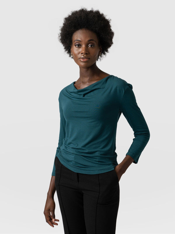 Cowl Neck Tee Deep Green Long Sleeve - Women's T-Shirts | Saint + Sofia® EU