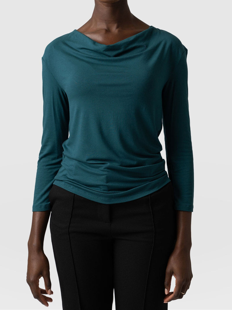 Cowl Neck Tee Deep Green Long Sleeve - Women's T-Shirts | Saint + Sofia® EU