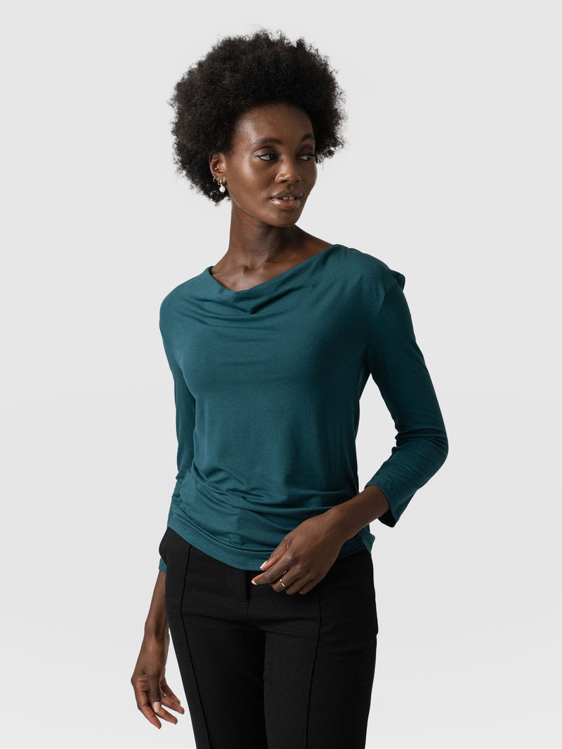 Cowl Neck Tee Deep Green Long Sleeve - Women's T-Shirts | Saint + Sofia® EU