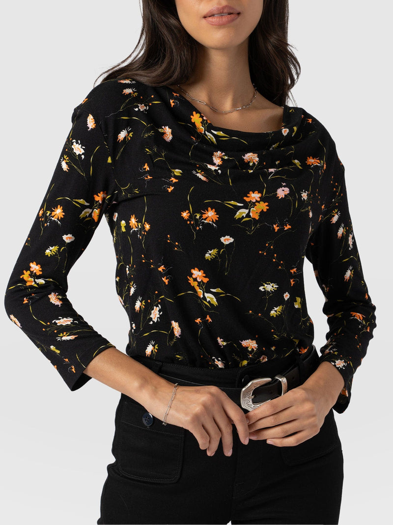 Cowl Neck Tee Long Sleeve Black Floral - Women's T-Shirts | Saint + Sofia® EU