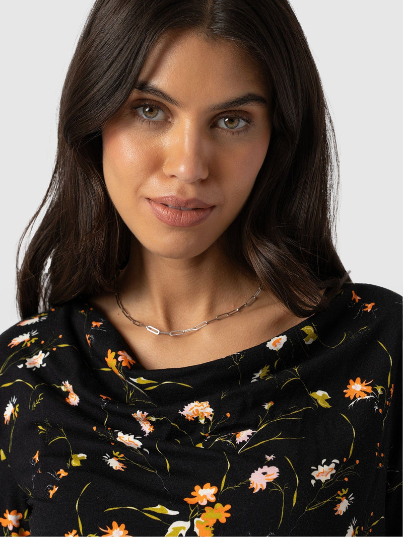 Cowl Neck Tee Long Sleeve Black Floral - Women's T-Shirts | Saint + Sofia® EU