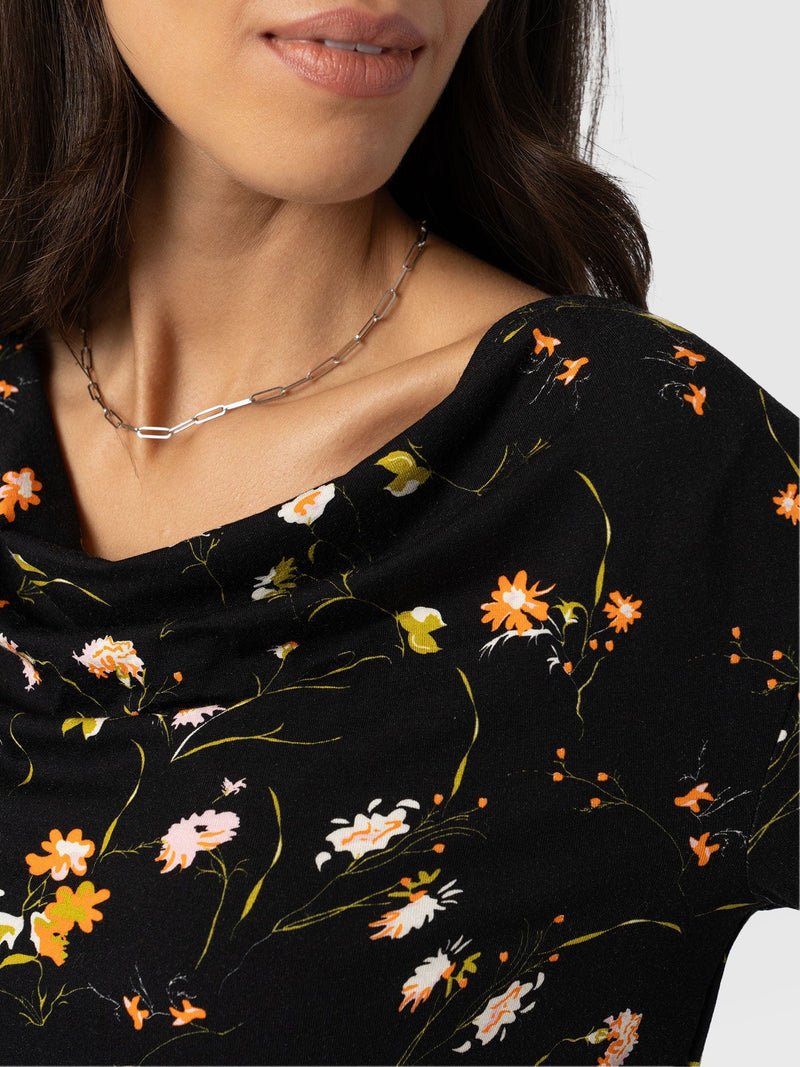 Cowl Neck Tee Long Sleeve Black Floral - Women's T-Shirts | Saint + Sofia® EU