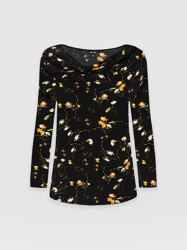 Cowl Neck Tee Long Sleeve Black Floral - Women's T-Shirts | Saint + Sofia® EU